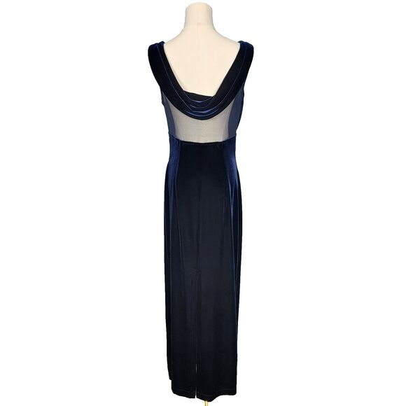 Vintage 90s Y2K Scott McClintock Dress M Blue Velvet Rhinestone Cowl Back Mesh - Picture 5 of 16
